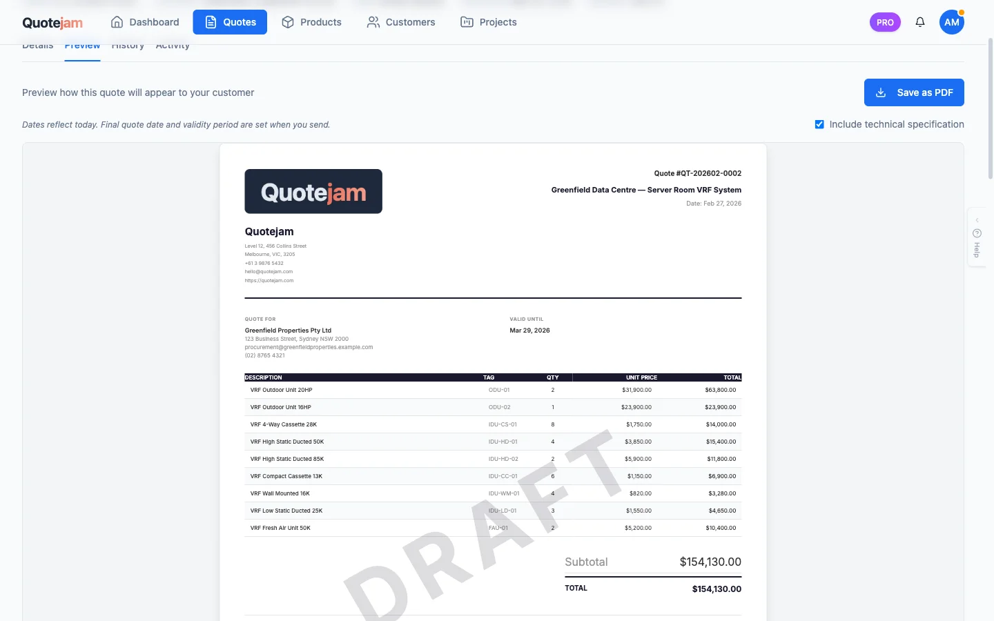 Quotejam — Professional quote preview with product catalog and pricing
