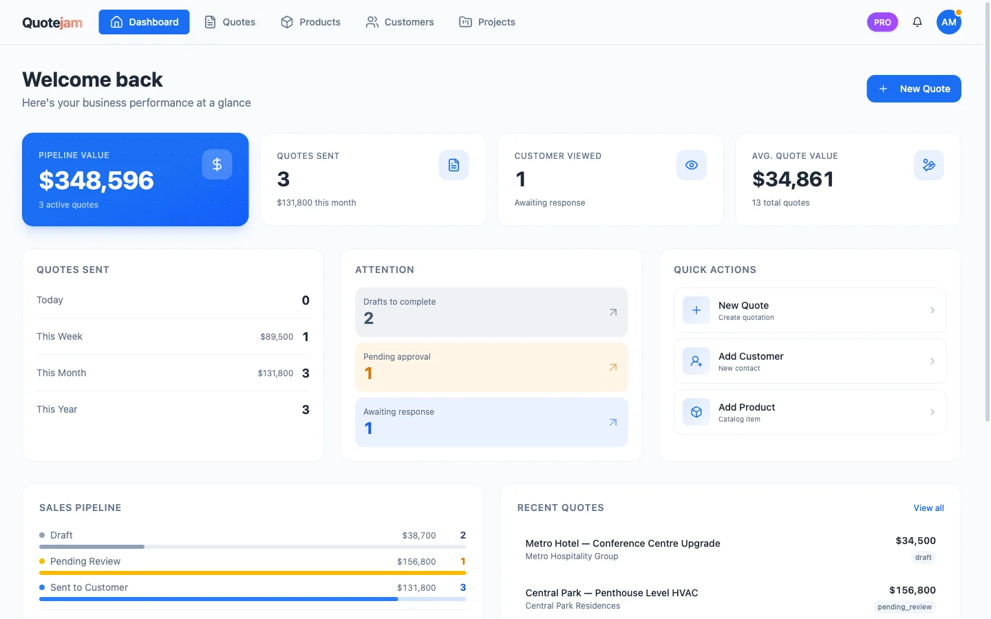 Quotejam Dashboard screen